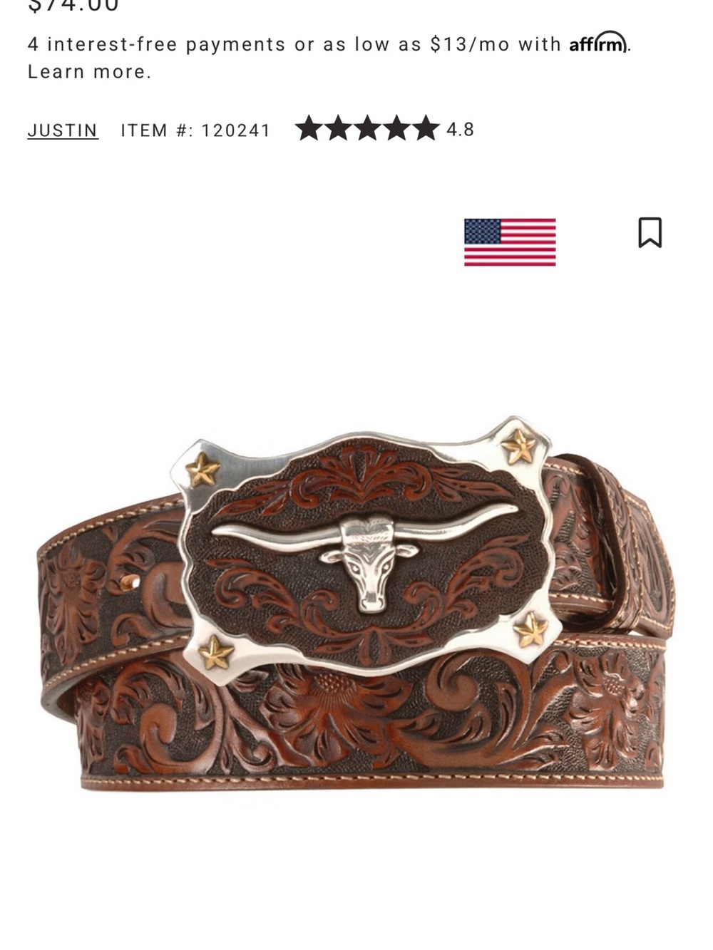 Justin tooled men’s leather belt
